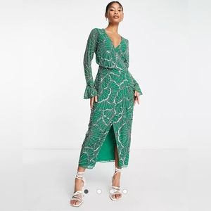 Green Embellished Wrap Midi dress with Scallop Design